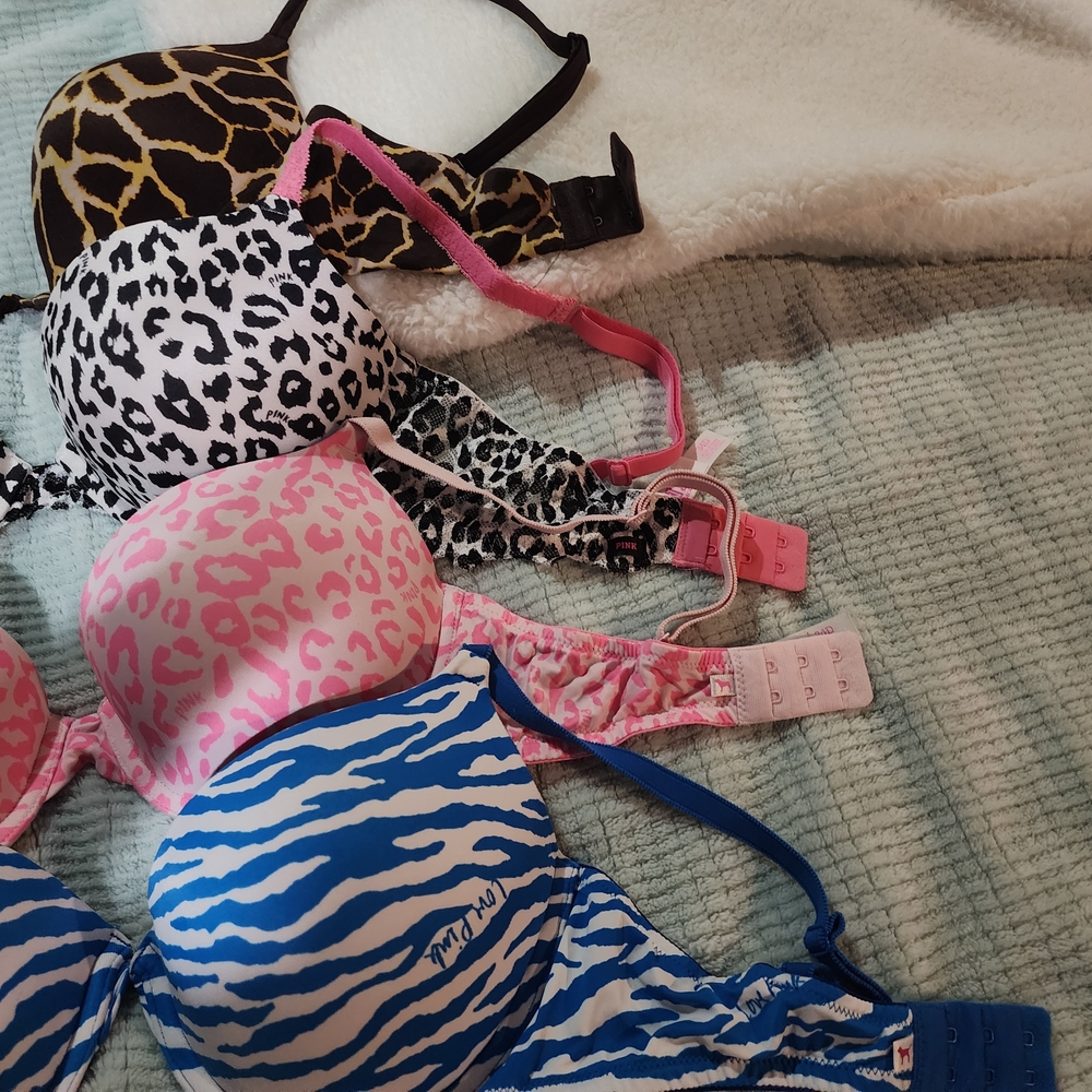 Victoria Secret Pink - Stylish Animal Print Bra Set - Black, Pink, Blue Lot Of 4 - Picture 2 of 2